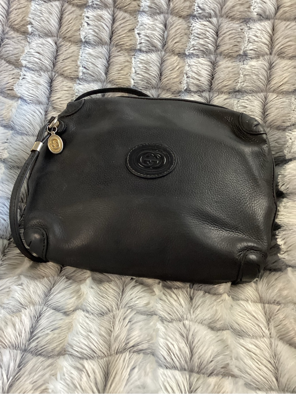 Gucci Black Leather Crossbody With Double G Medallion And Gold Charm
